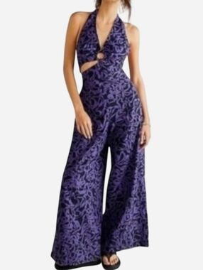 Free People Purple Halter Ring-Front Wide-Leg Printed Jumpsuit